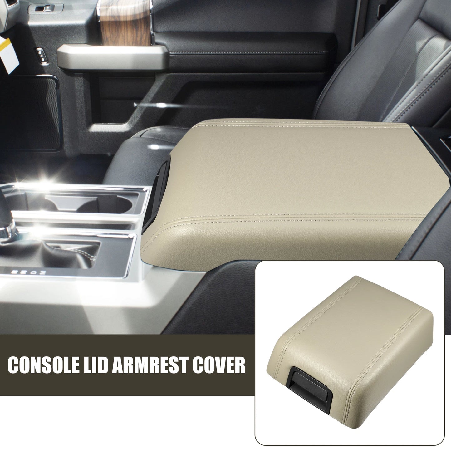 Center Console Lid Armrest Cover for Ford F-150 (2015–2023) Beige Faux Leather