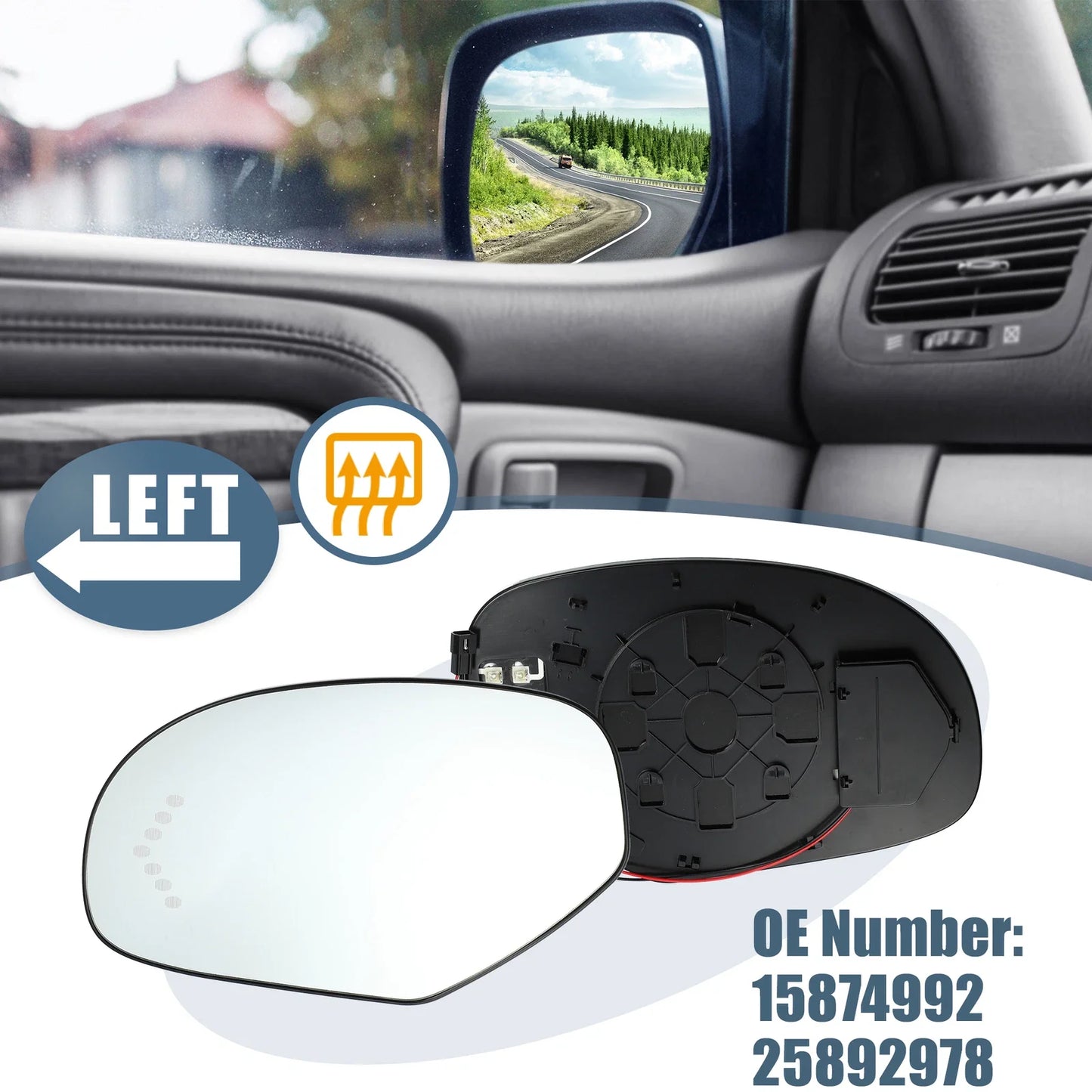 Heated Driver Left Side Mirror Glass for Chevy Silverado Avalanche Suburban (2007-2014)