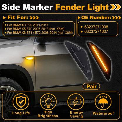 2X Side Marker Fender Light 63237271008 for BMW X3 F25 (2011–2017) Smokey Lens