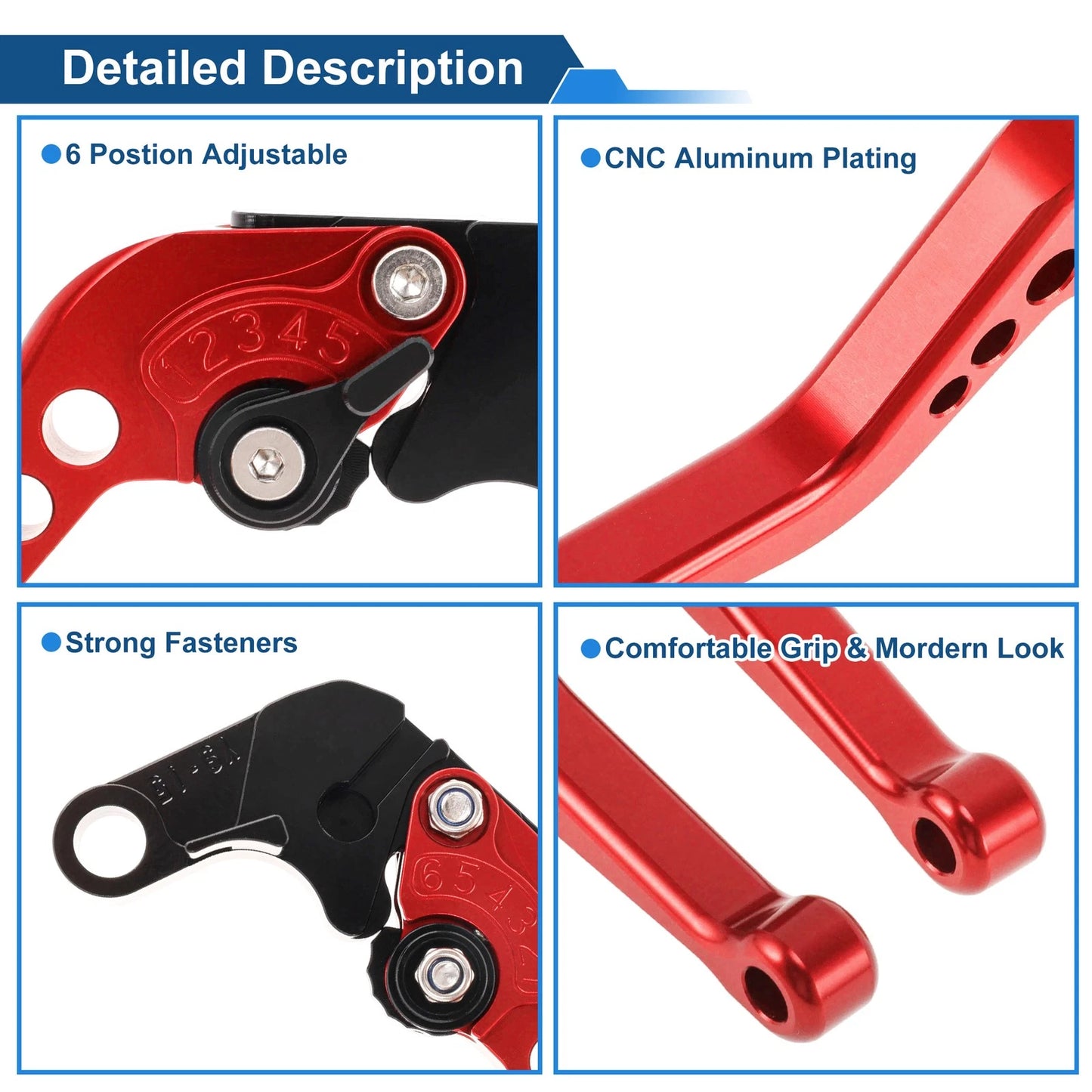 Set of 2 Adjustable Short Brake Clutch Levers for Yamaha FZ6R (2009–2017) Red