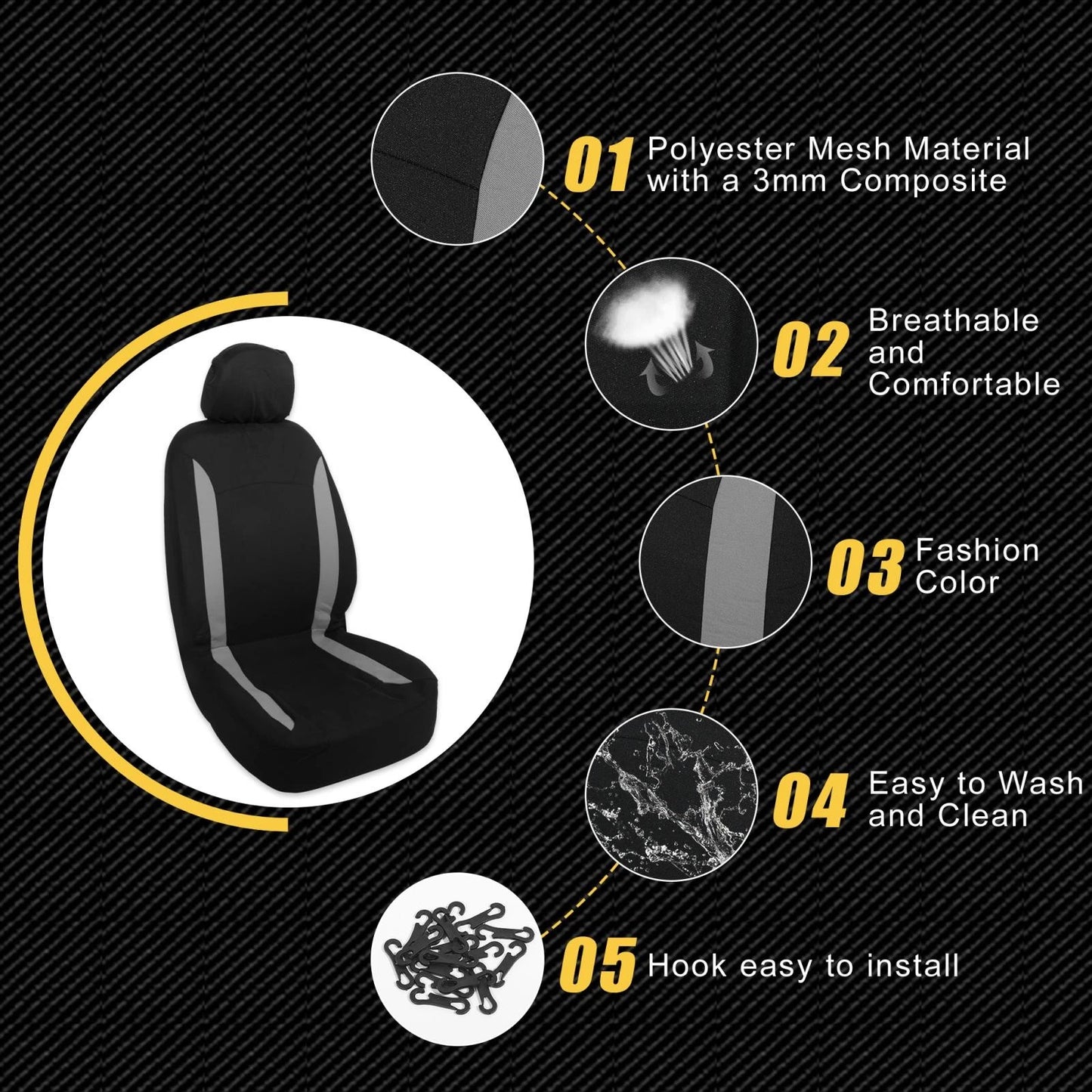 Set of 4 Universal Car Seat Covers with Headrest Covers - Gray Black