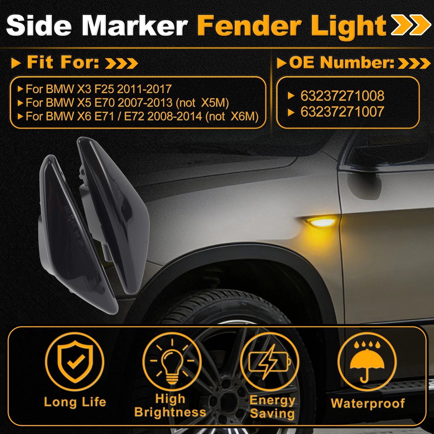 2X Side Marker Fender Light 63237271008 for BMW X3 F25 (2011–2017) Smokey Lens