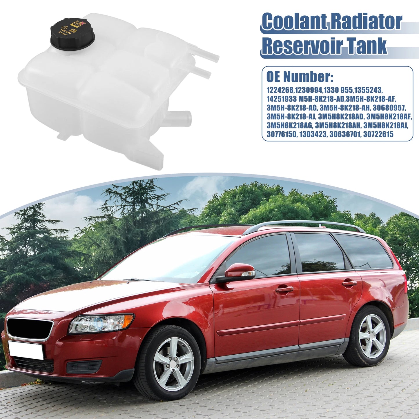 Coolant Radiator Reservoir Tank 1425193 with Cap for Volvo V50 S40 C30 C70 (2004–2012)