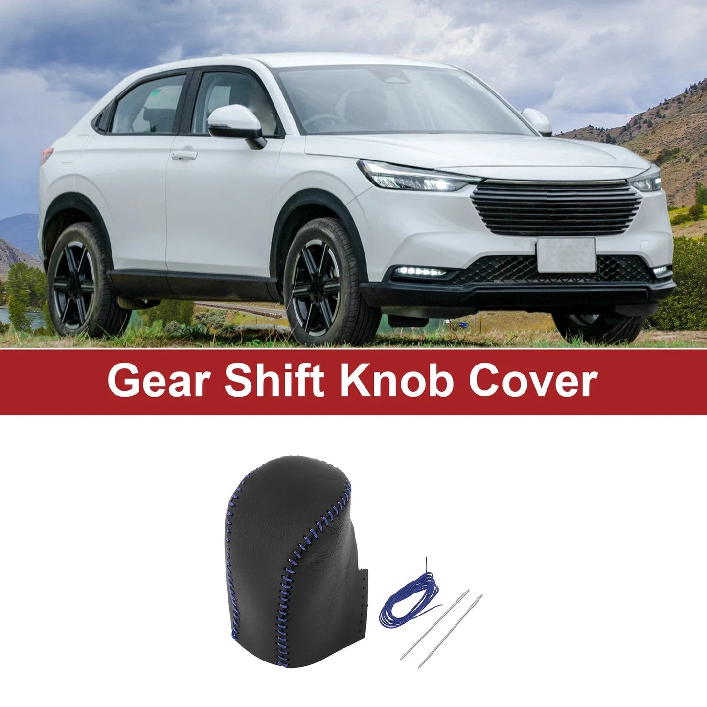 Gear Shift Knob Cover for Honda HR-V 2023-2024 Black Blue Faux Leather