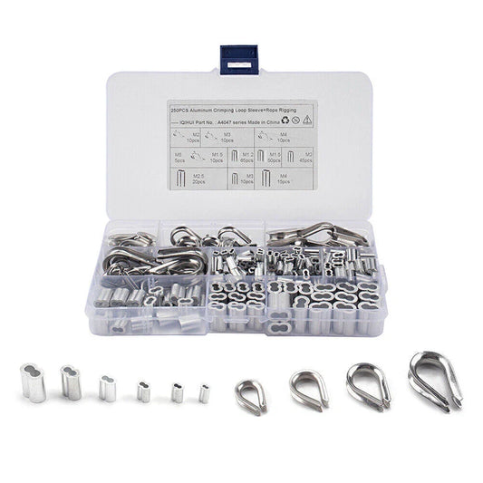 250Pcs Thimble & 6 Size Crimping Loop Sleeves for Wire Rope Cable