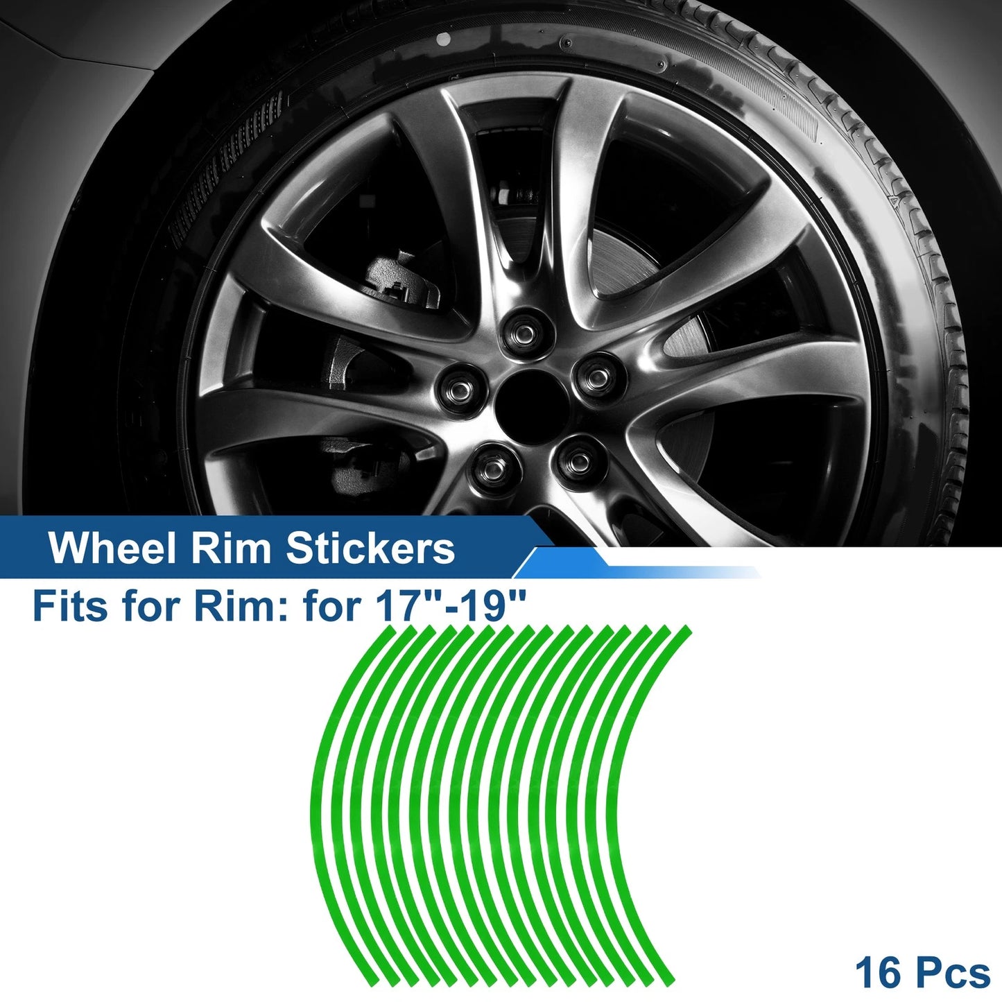 16 Pcs Arc-Shape Wheel Rim Stickers for 17"-19" Rims Light Green PET
