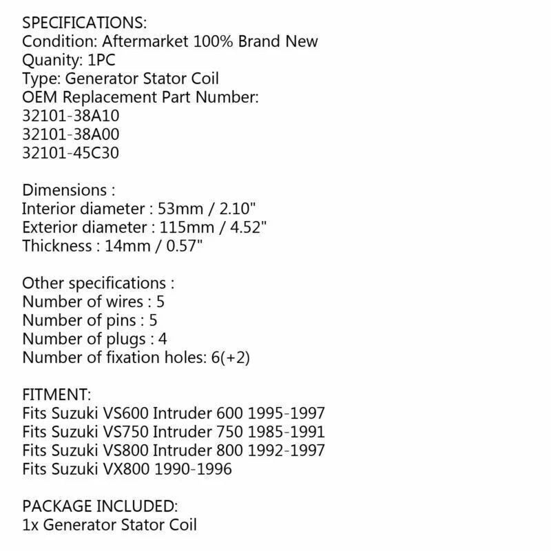 Alternator Stator for Suzuki VS600 VS750 VS800 VX800 (1990–1997)