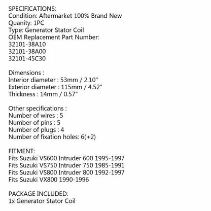 Alternator Stator for Suzuki VS600 VS750 VS800 VX800 (1990–1997)