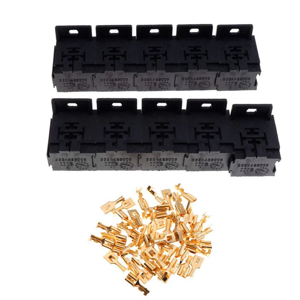 10Pcs 5Pin Relay Socket Holder Block with 50Pcs 6.3mm Terminals for Cars