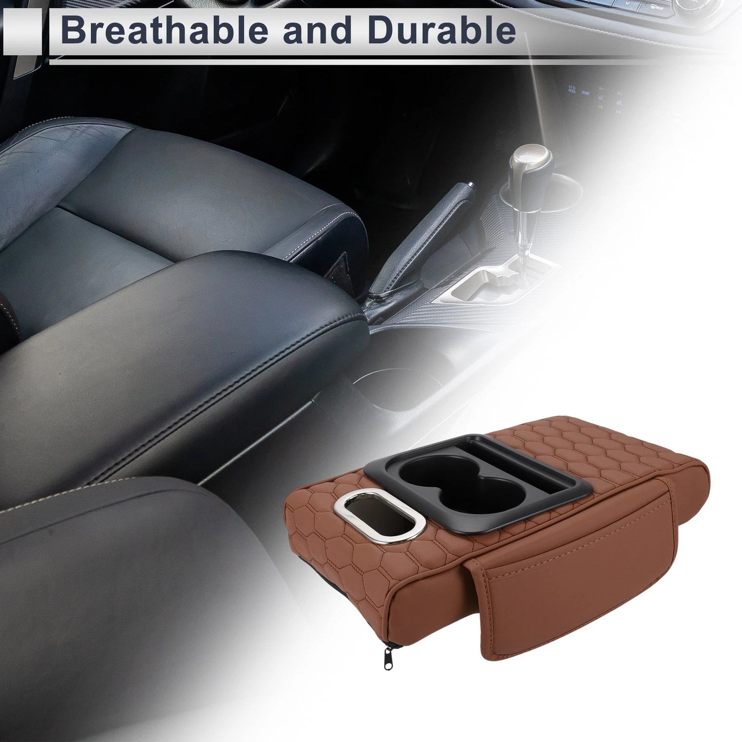 Center Console Cover for Car (13.39"x9.06"x2.36", Light Brown/Black)