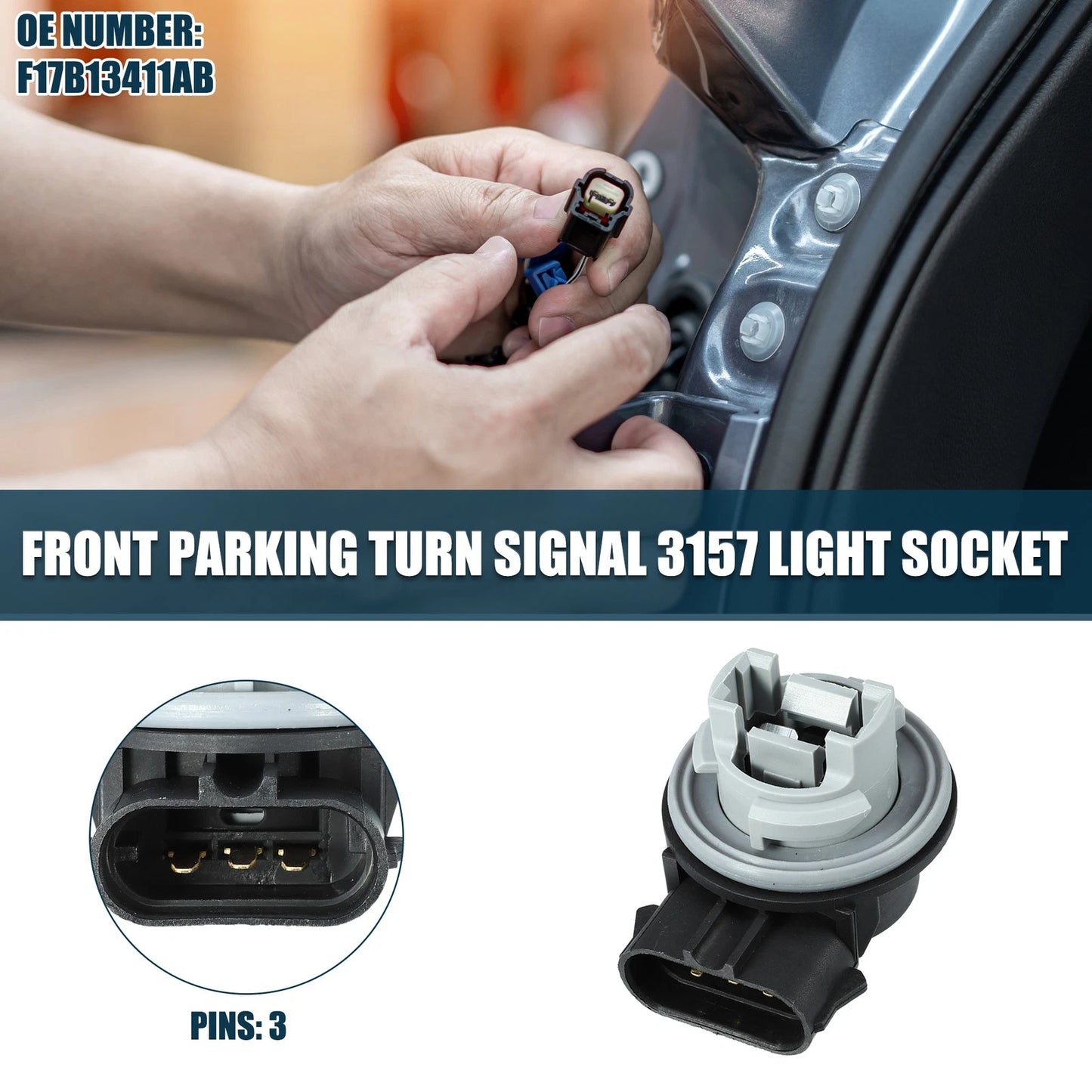 Front Parking Turn Signal Light Socket 3157 for Ford (3 Pins, No.F17B13411AB)
