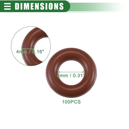 100pcs FKM Rubber O Ring Seal Gasket for Universal Cars 8mm ID x 4mm CS