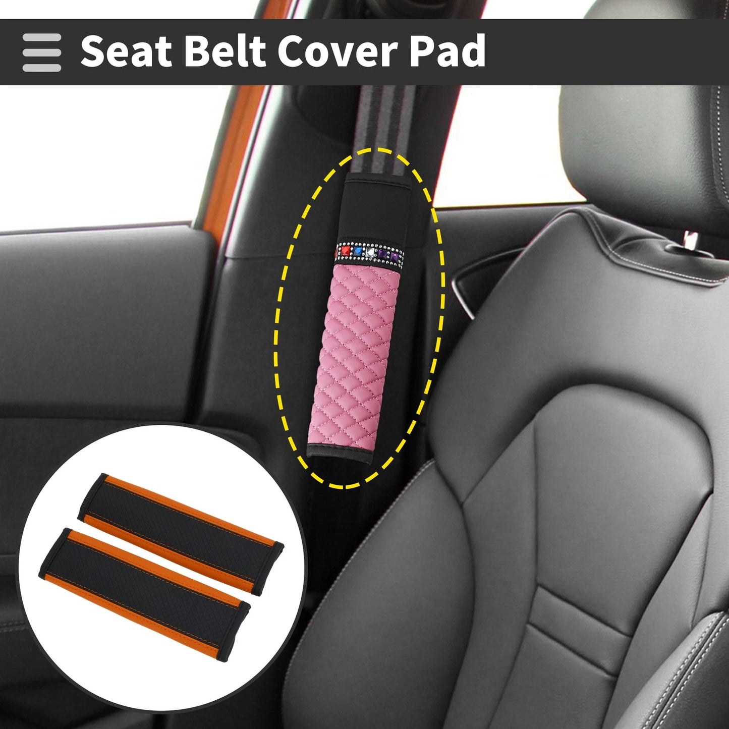 Set of 2 Black Orange Faux Leather Seat Belt Cover Pads for Universal Fit