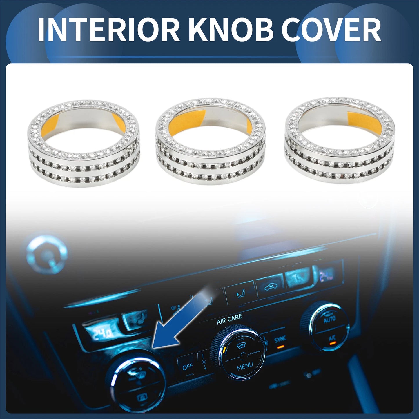 Set of 3 AC Media Volume Switch Knob Cover Rings for Skoda Octavia (2014–2020) Silver Tone