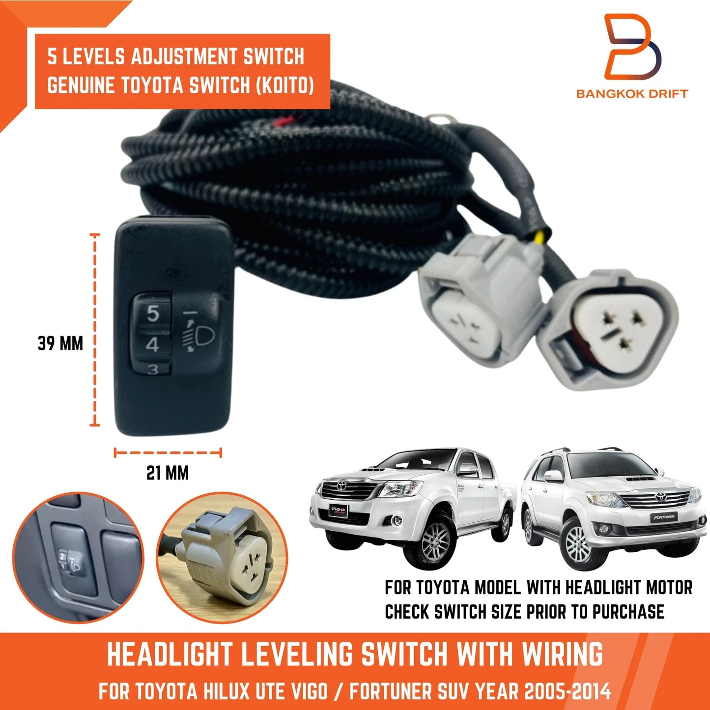 39x22mm Headlight Leveling Switch Wiring Socket for Toyota Hilux, Corolla (05-14)