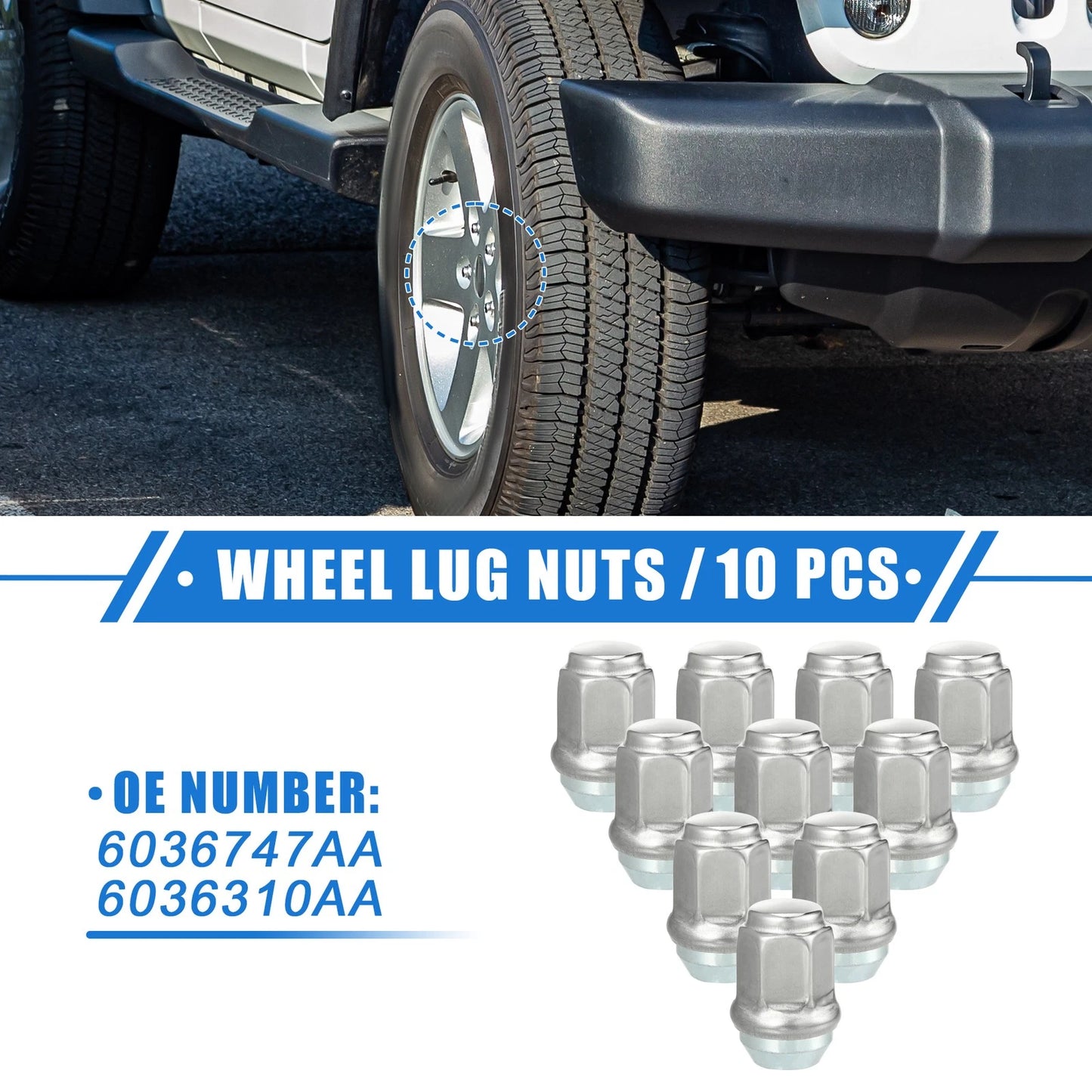 10pcs Wheel Lug Nuts for Jeep Wrangler, Liberty, Dodge Challenger (No. 6036747AA)
