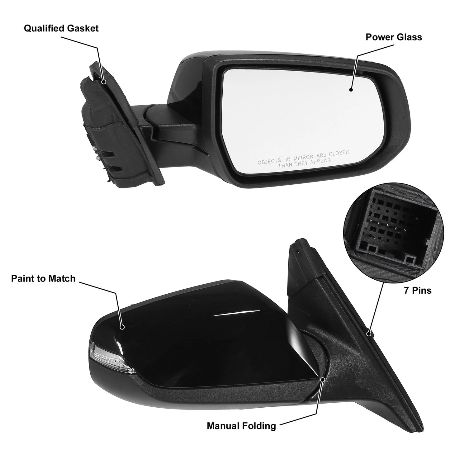 7Pin Right Side Exterior Door Mirror Assembly Black for Chevrolet Malibu (2008–2012)