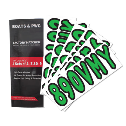 Set of 4 Green Marine Boat Decals A-Z & 0-9 (3")