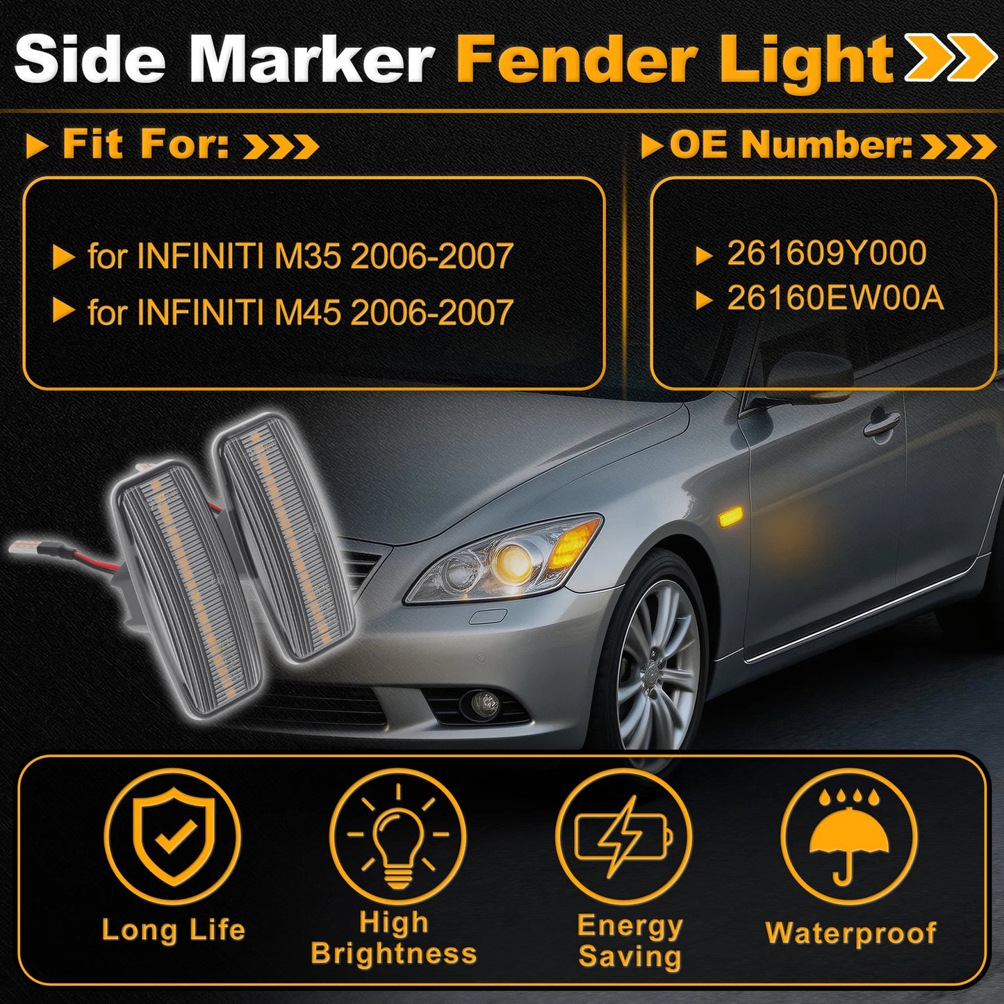 Side Marker Fender Light 261609Y000 for Infiniti M35 (2006–2007) Transparent Lens