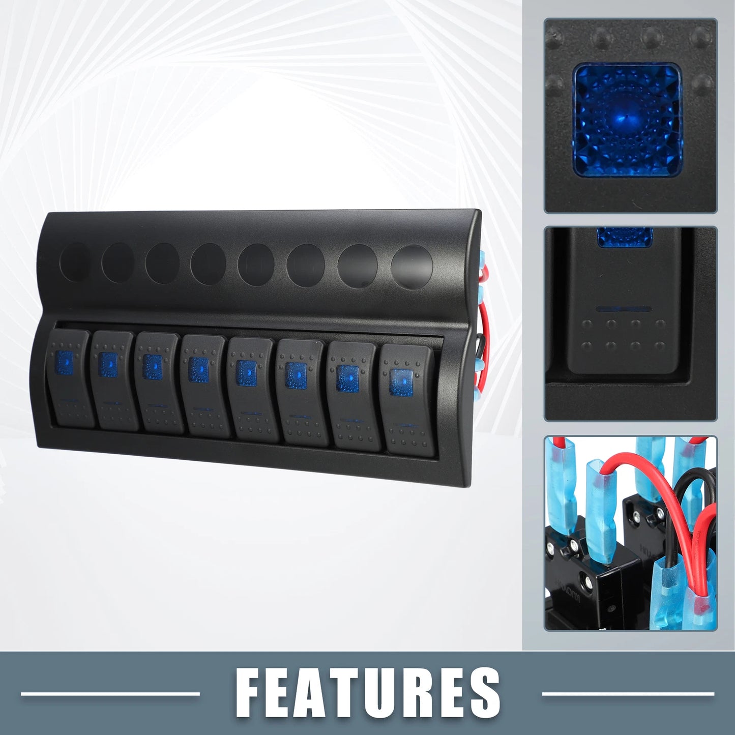 8 Gang Rocker Switch Panel for Auto (5 Pin Toggle Switch, Blue LED Light)