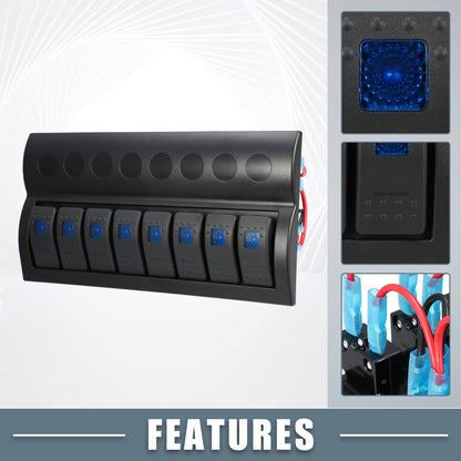 8 Gang Rocker Switch Panel for Auto (5 Pin Toggle Switch, Blue LED Light)