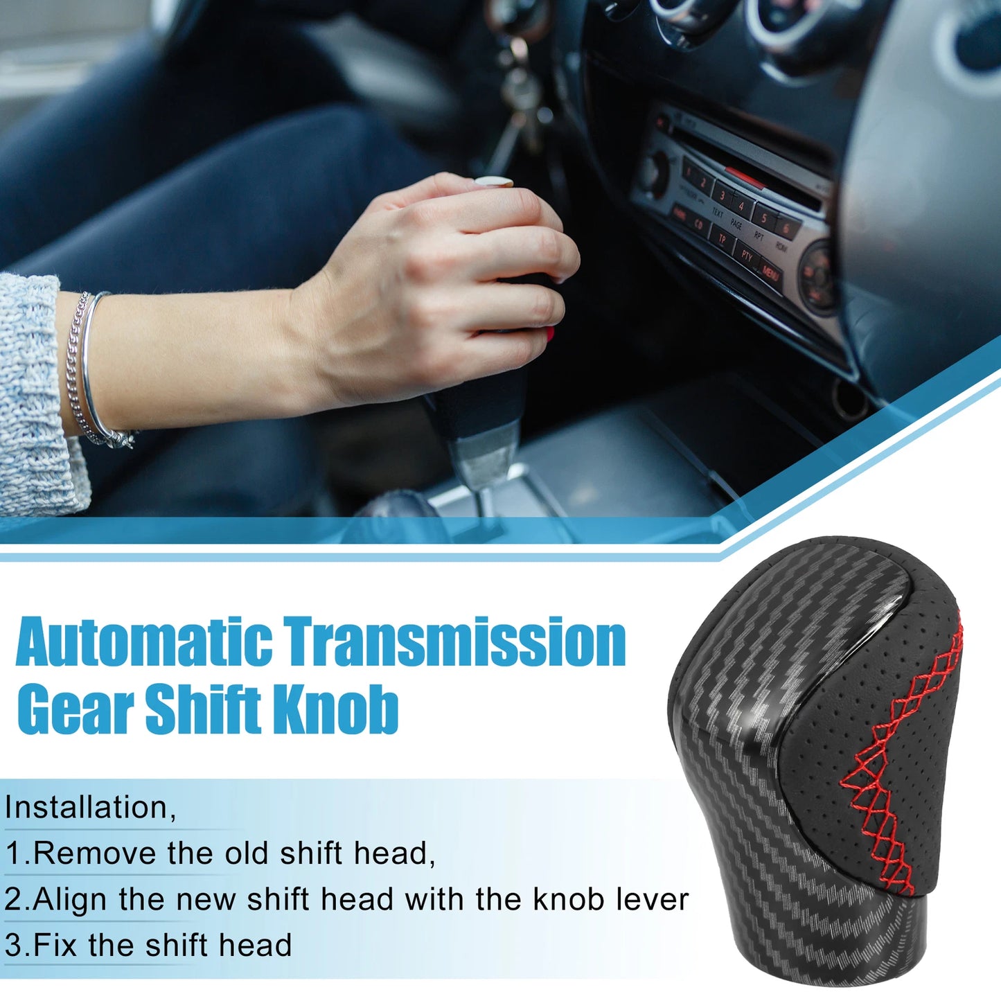 Gear Shift Knob for Lexus (Carbon Fiber, Faux Leather, Red Thread)