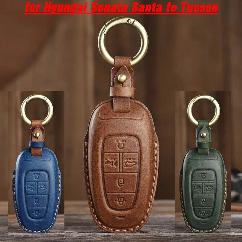 Leather Key Fob Cover Case for Hyundai Sonata Santa Fe Tucson Keyless Entry