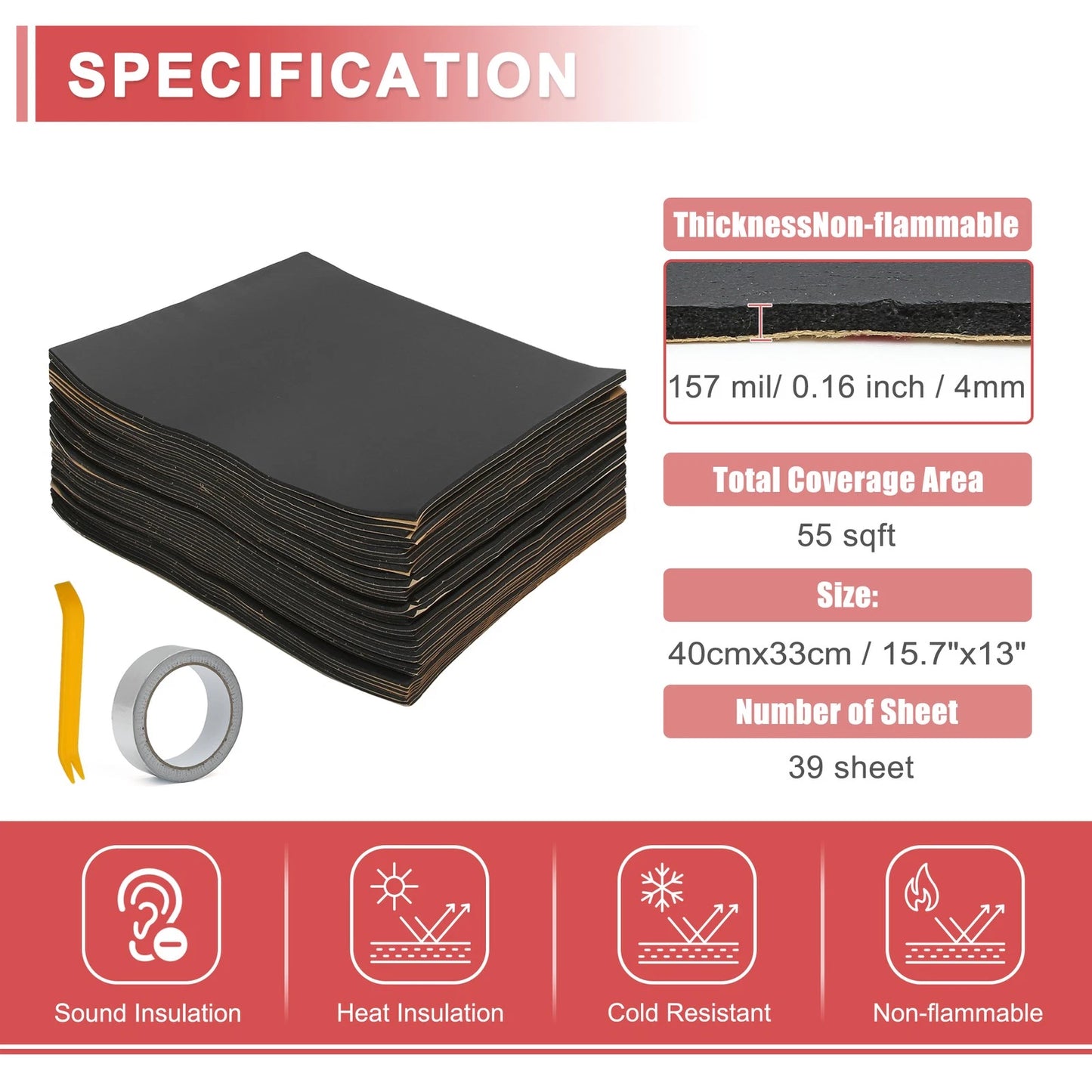 Set of 4 Sound Deadening Mats for Automotive Use (157mil, 4mm, 55sqft)