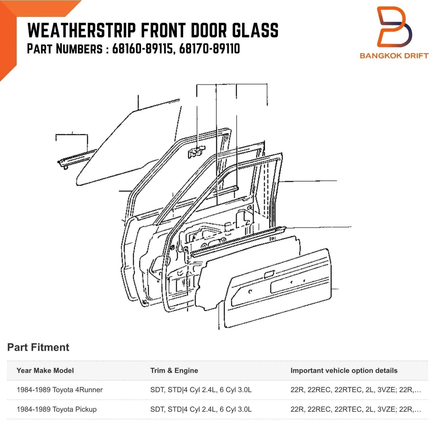 Outer Inner Weatherstrip Door Seal for Toyota Hilux 4Runner (1984-1988)