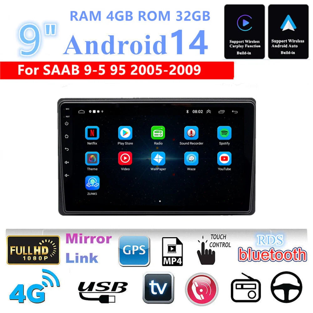9'' Android Car Head Unit RAM 4GB ROM 32GB WIFI 4G RDS for SAAB 9-5 (2005-2009)