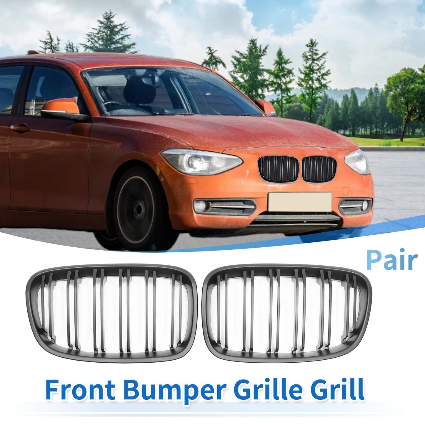 1 Pair Front Upper Bumper Grille Matte Black for BMW 1 Series (2011-2014)