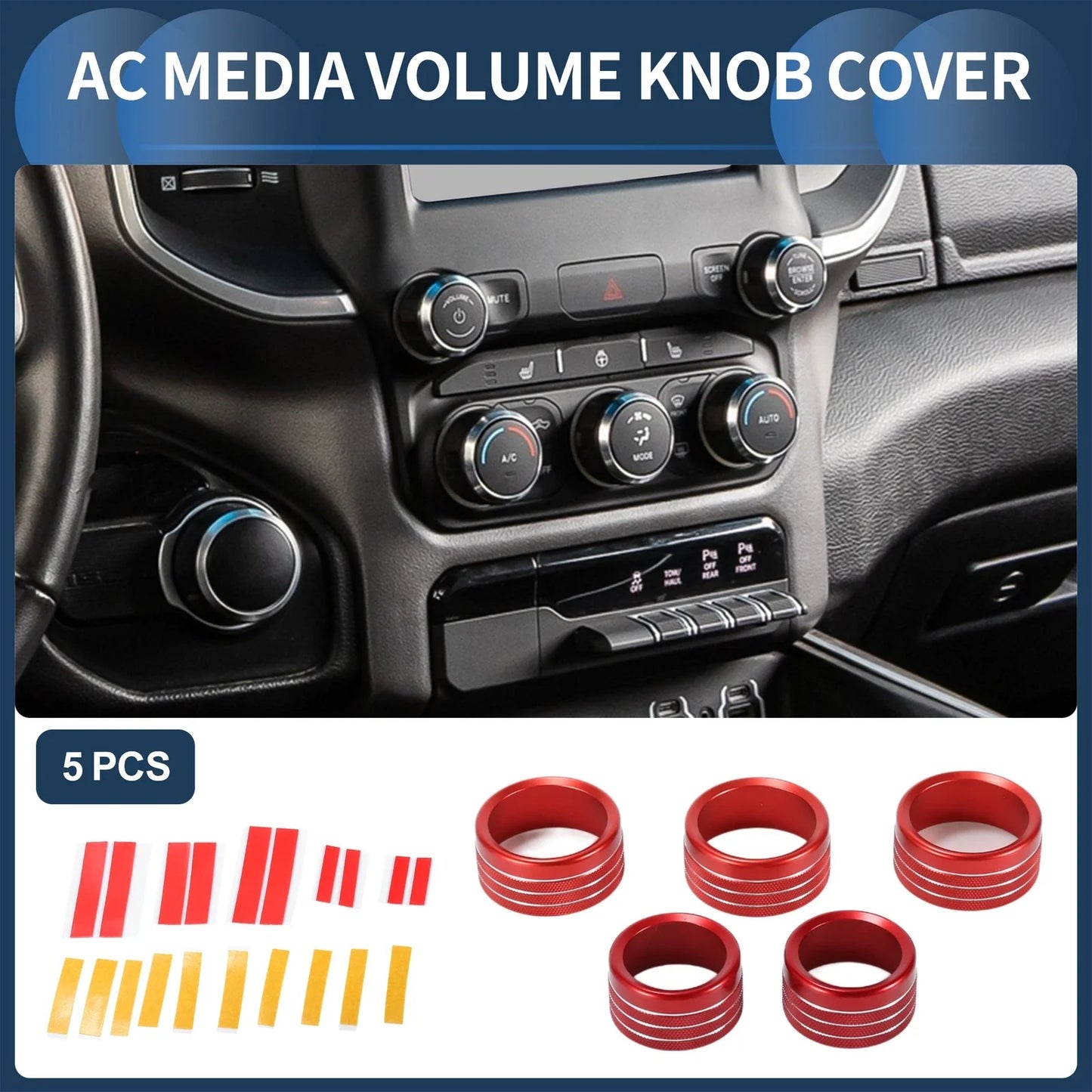AC Media Volume Switch Knob Cover Ring for Dodge RAM 2018-2022 - 5 Pcs Red