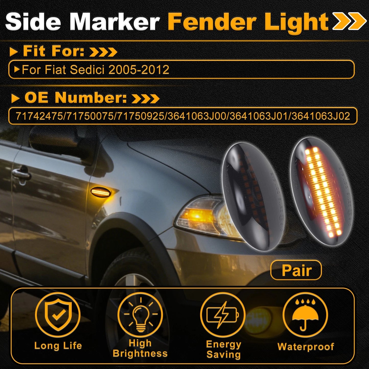 Dynamic LED Amber Side Marker Fender Light 71742475 for Fiat Sedici (2005–2012)
