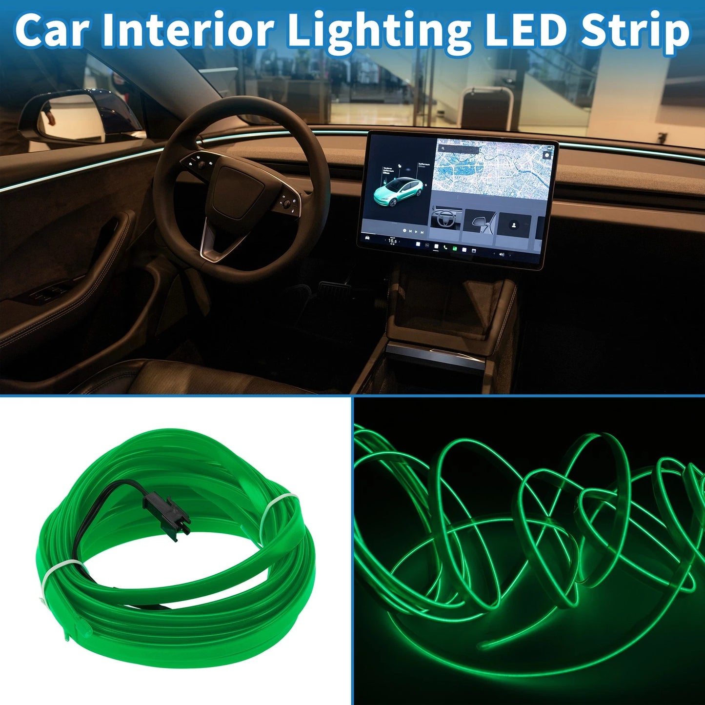 LED Strip Neon Wire Interior Lighting for Car (USB 5V) - Green