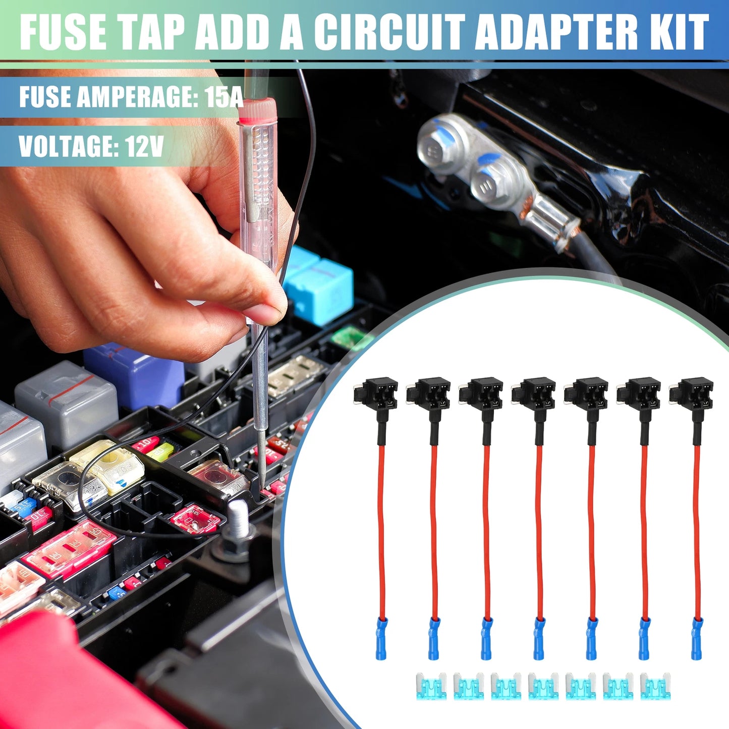 Set of 7 Car Fuse Taps for Universal Use with 15A Low Profile Mini APS Fuse