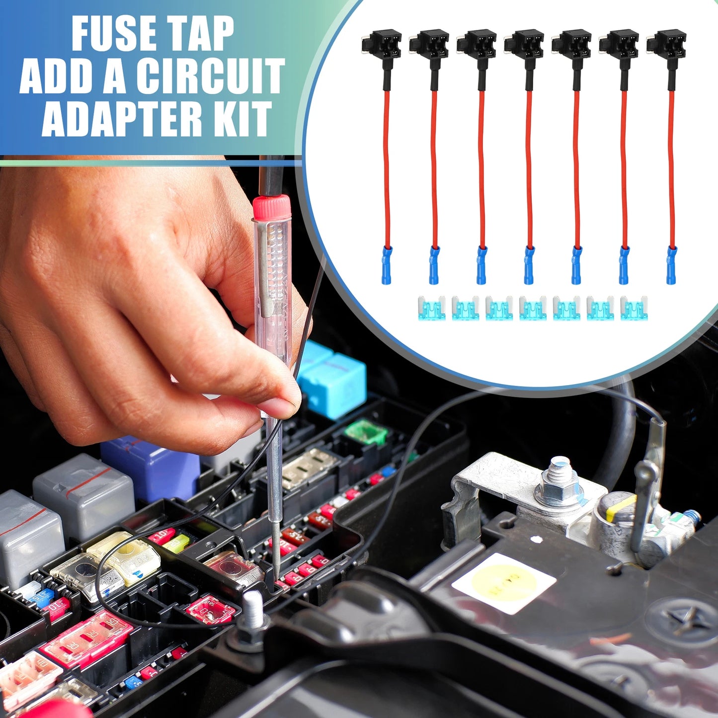 Set of 7 Car Fuse Taps for Universal Use with 15A Low Profile Mini APS Fuse