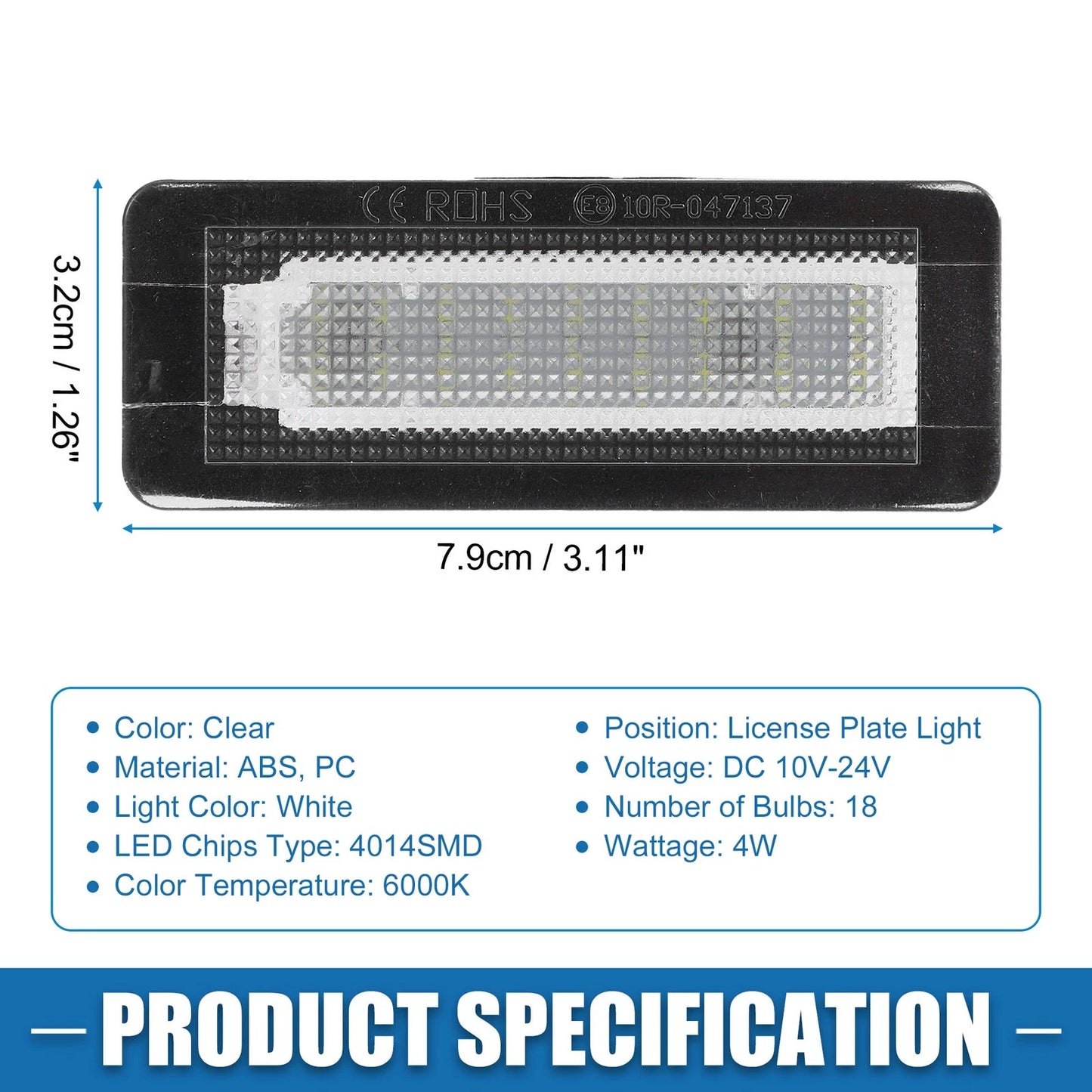 2X White LED License Plate Light 4518200256 4014SMD for Smart Fortwo (2007–2015)
