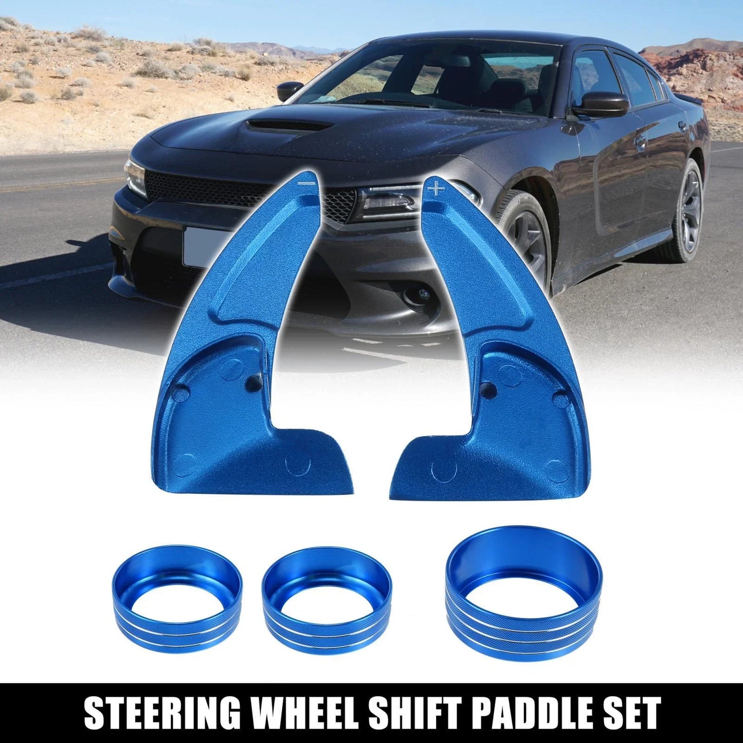 Blue Steering Paddle Shifter & AC Volume Knob Cover Ring Trim for Dodge Charger
