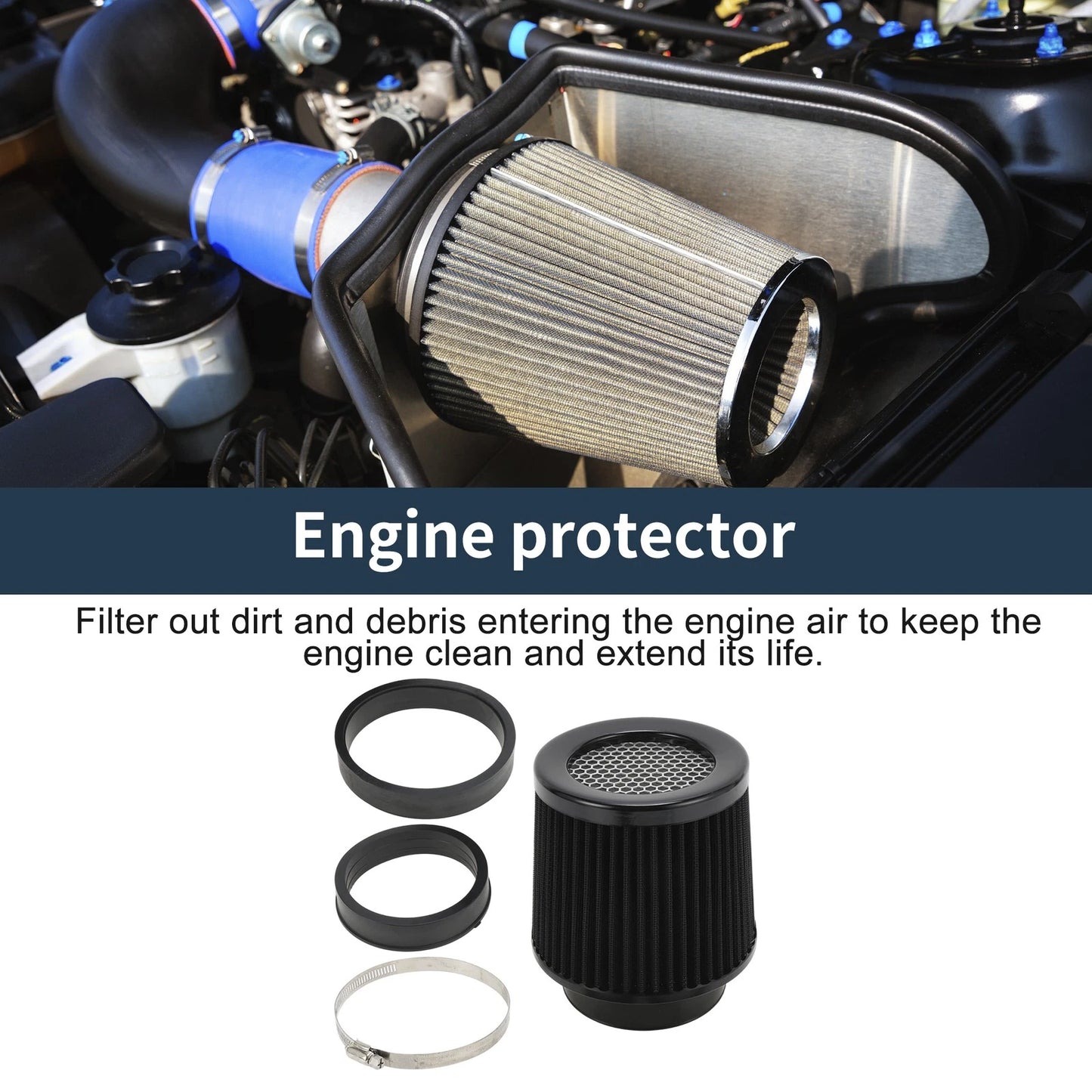 Engine Air Filter with Clamp & Reducing Rings for Universal Fit (76-101mm)