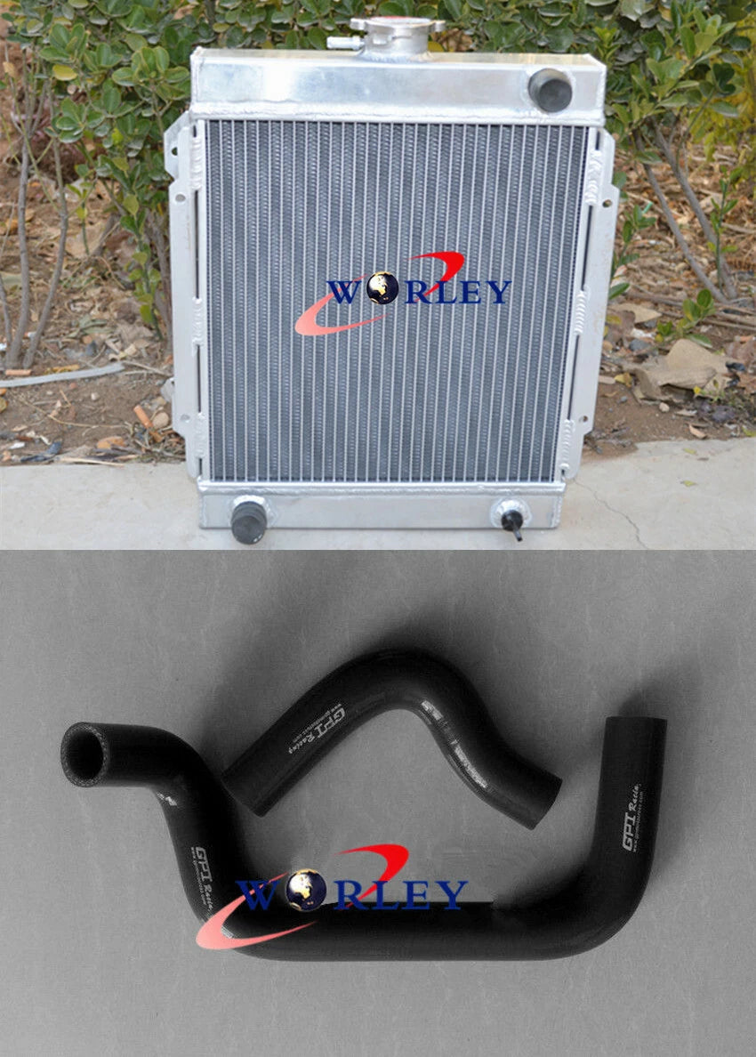 3 Row Aluminum Radiator + Blue Silicone Hose for Datsun 1200 (1970–1973)