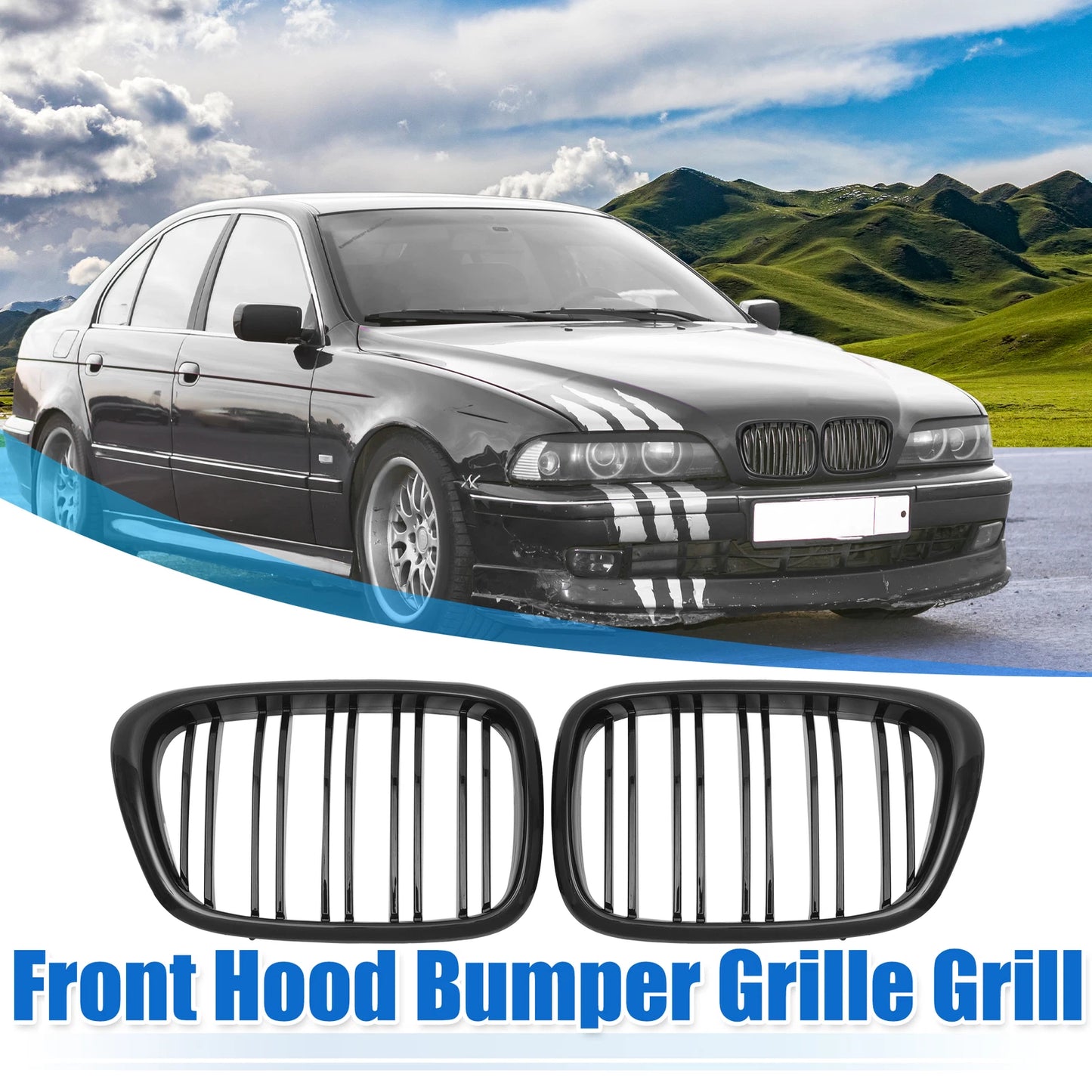 2X Front Hood Bumper Grille for BMW 525i 530i E39 (2001–2003) Black