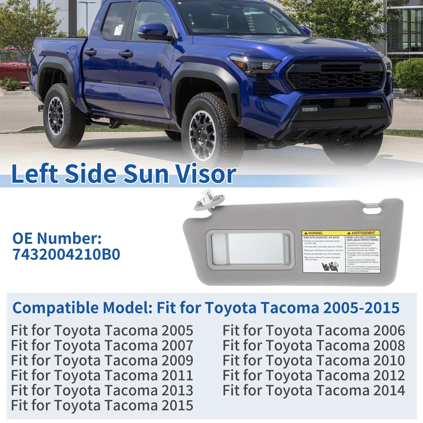 Left Driver Sun Visor for Toyota Tacoma (2005–2015) Gray, Vanity Mirror, Light