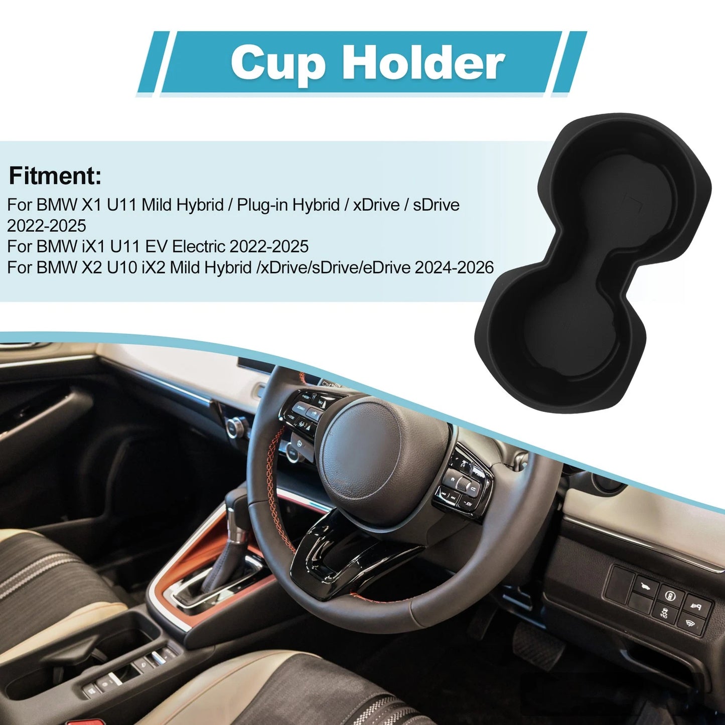 Console Cup Holder Organizer for BMW X1 U11 (2022–2025) Silicone Black