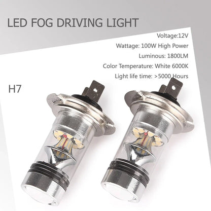 6000K H7 100W LED 20-SMD Projector Fog Driving DRL Light Bulbs for Car