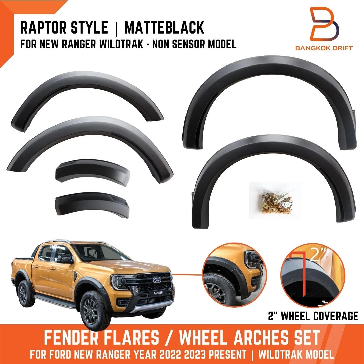 Raptor Style Matte Black Fender Flares for Ford Ranger 2022-2023