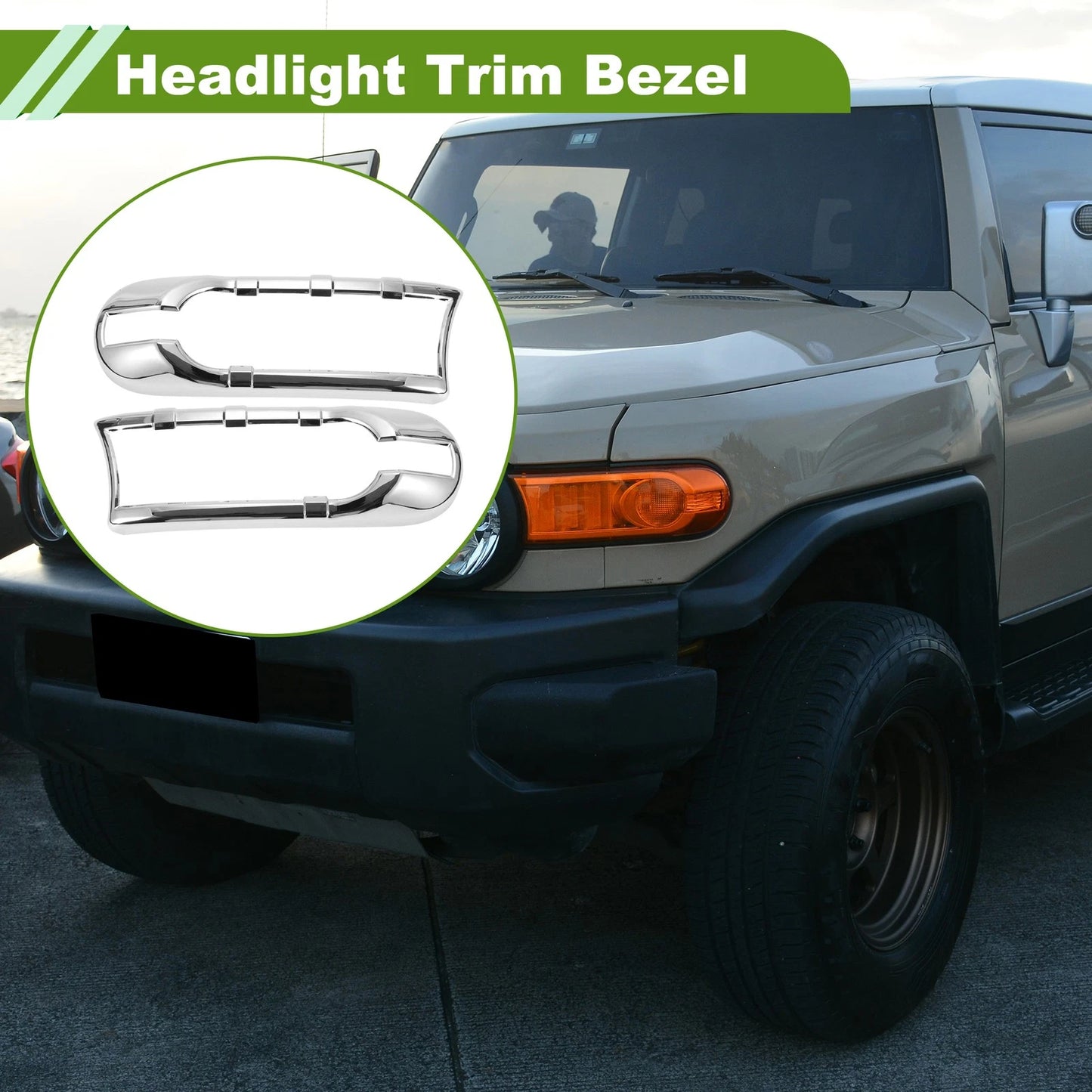 Pair Headlight Trim Bezel for Toyota FJ Cruiser (2007–2014) Silver Tone