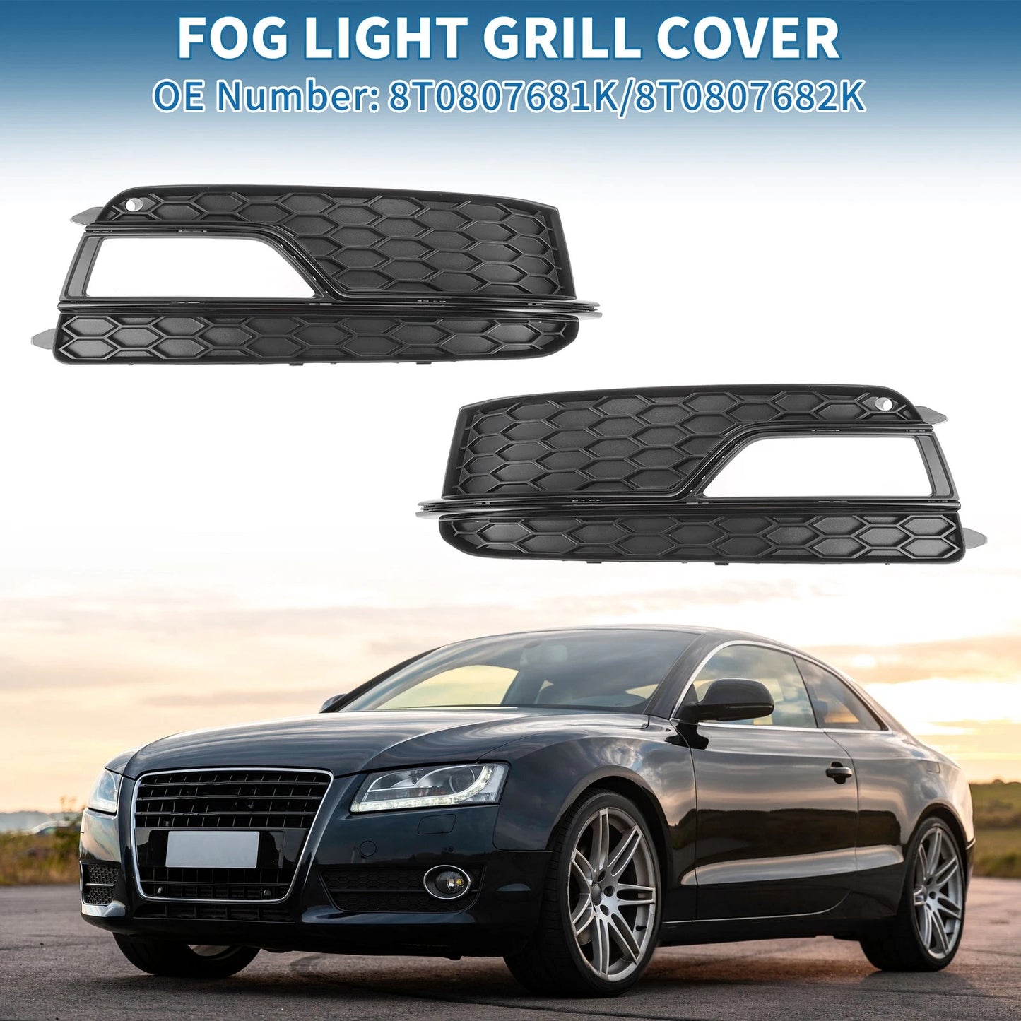 1 Pair Fog Light Grill for Audi A5 (2013–2017) No. 8T0807681K/8T0807682K ABS Black