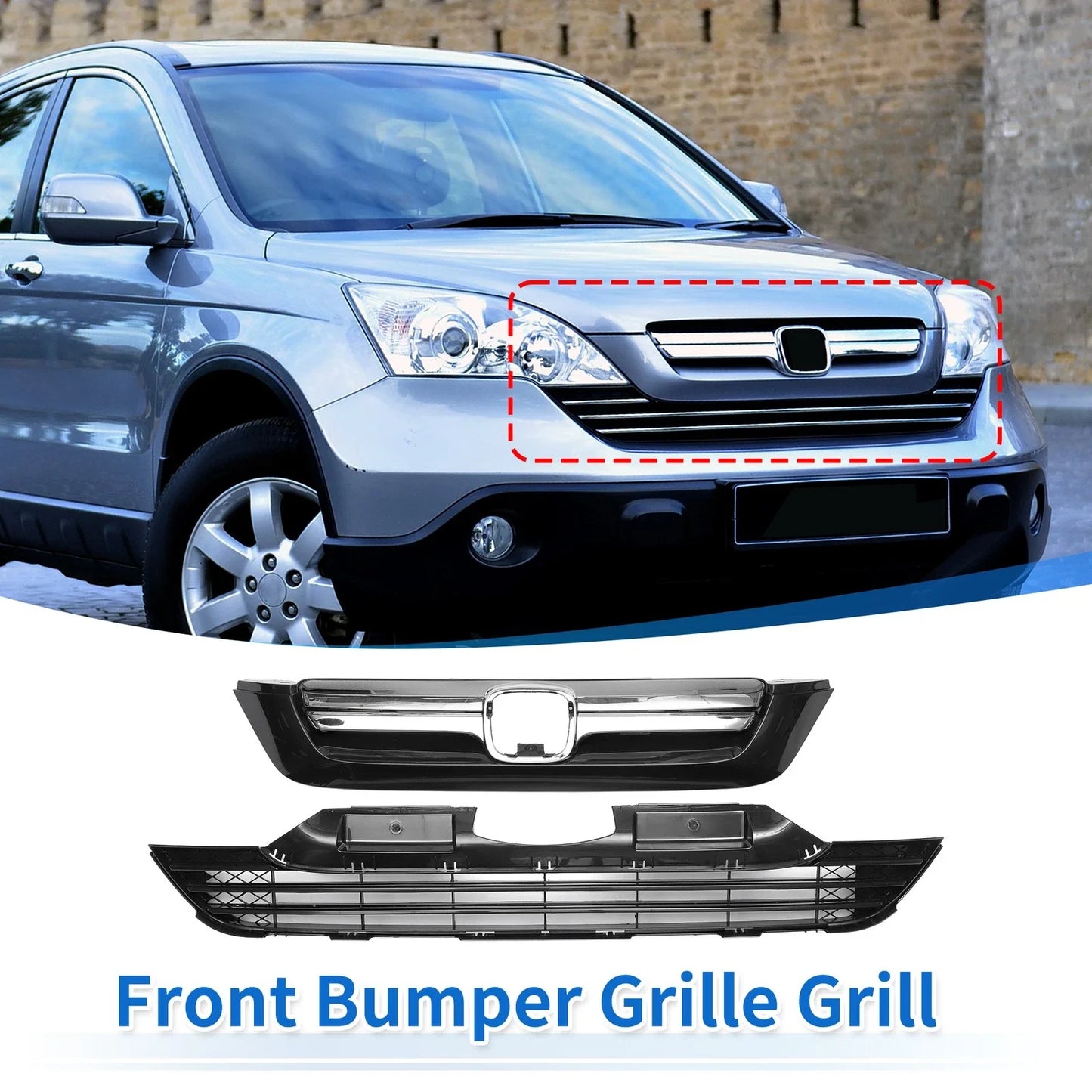Front Bumper Grille for Honda CR-V (2007-2009) - Chrome Silver Tone Black Set