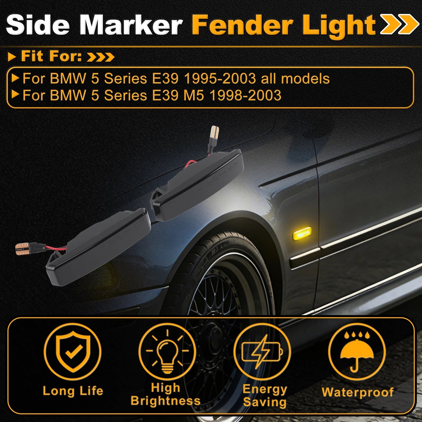 Side Marker Fender Light for BMW 5 Series E39 (1995–2003) 1 Pair Smoky Black Lens