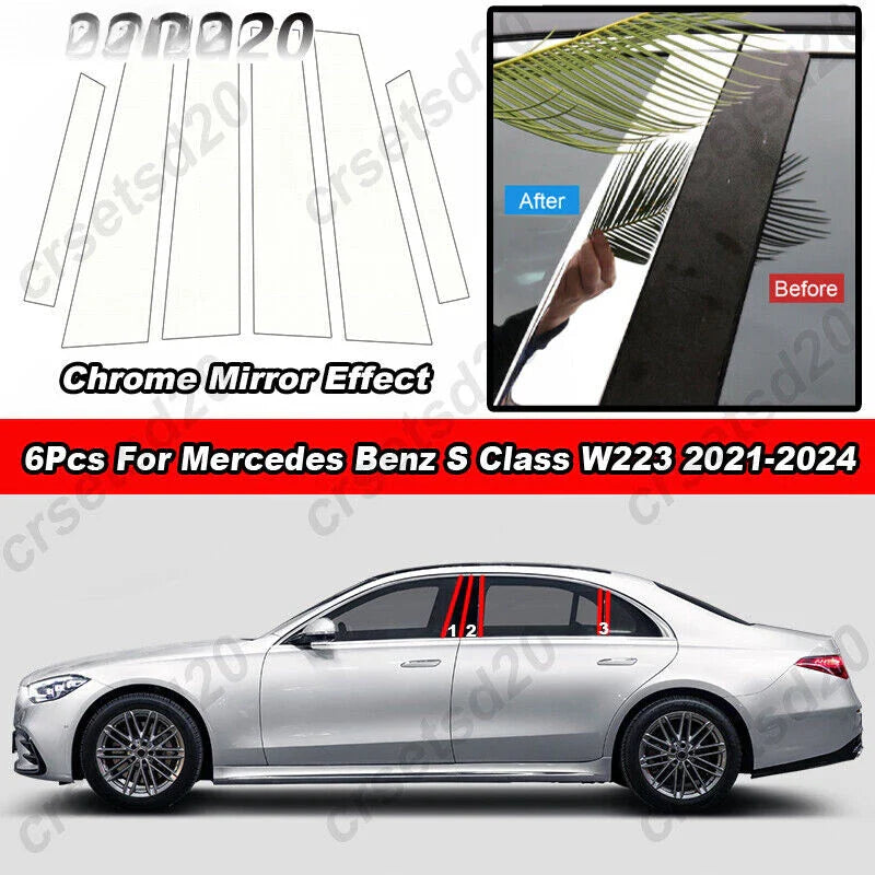 Chrome Window Pillars Post Cover Trim / 6Pcs for Benz S Class W223 (2021–2024)